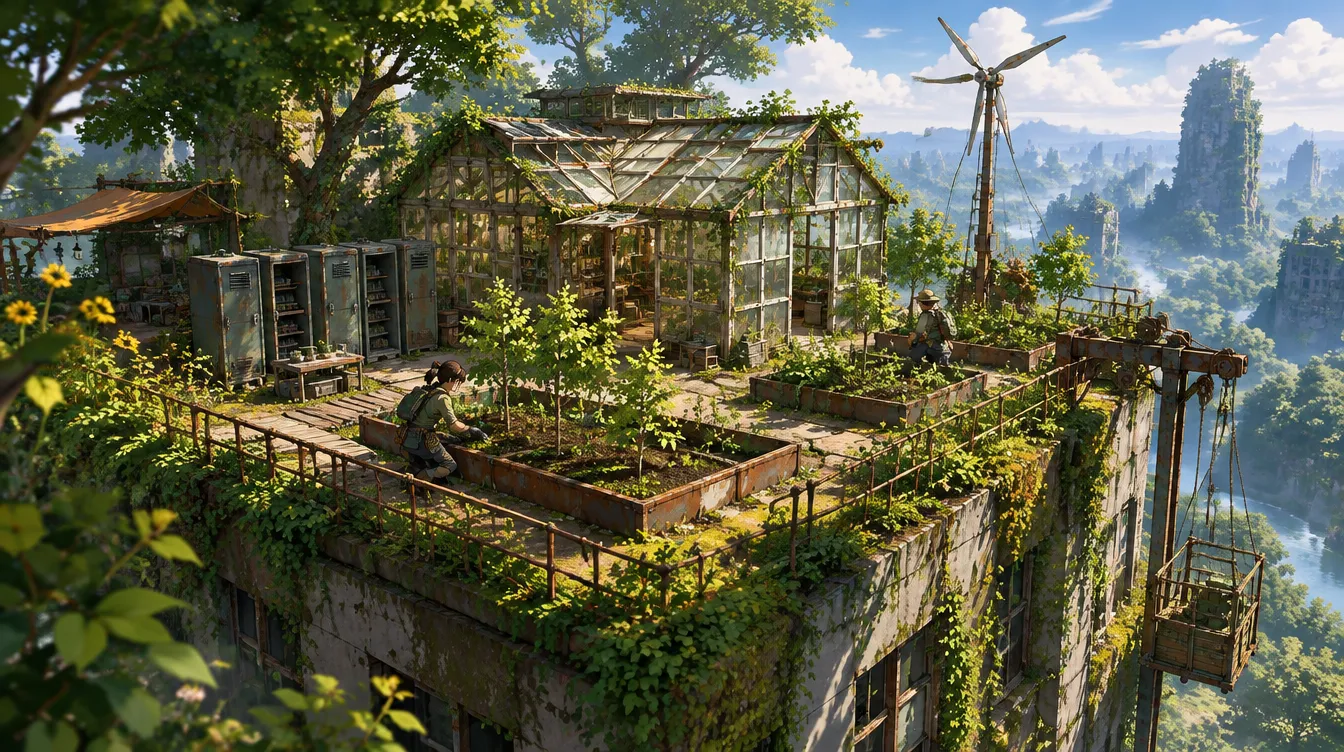 Greenhouse Deck: rumah kaca dari bingkai jendela bekas, bedeng tanam, turbin angin kecil, dua ranger bekerja