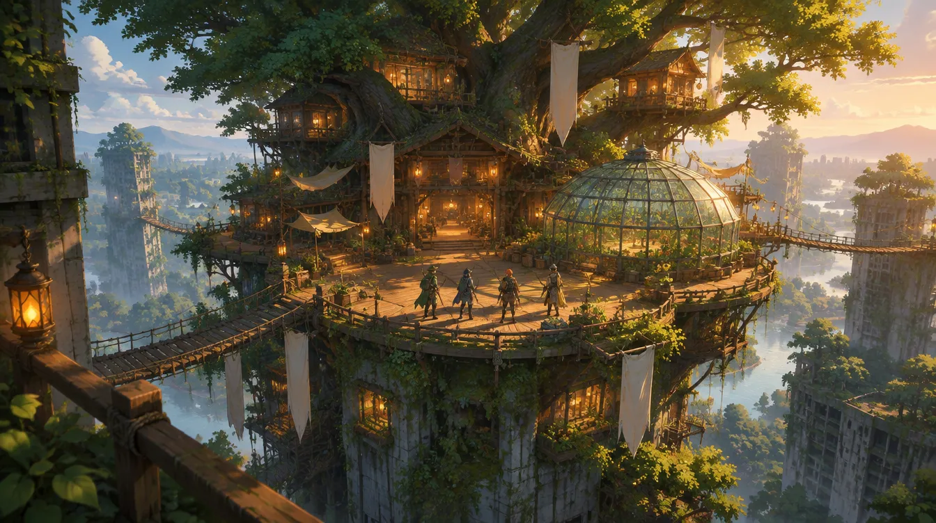 Canopy Hall: aula guild di pohon raksasa yang menembus puncak gedung, dek berlentera dan jembatan tali