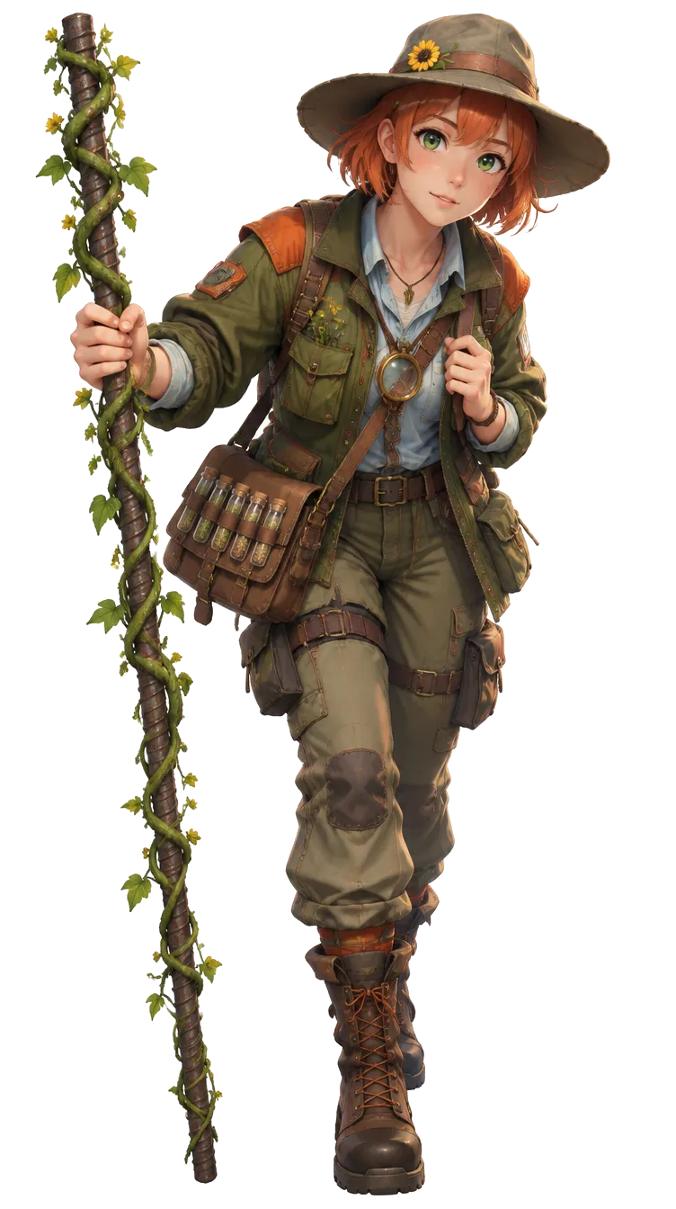Isla Brambleton, ranger botanist Seedbank bertopi lebar dengan pin sunflower, memegang tongkat besi berbalut sulur