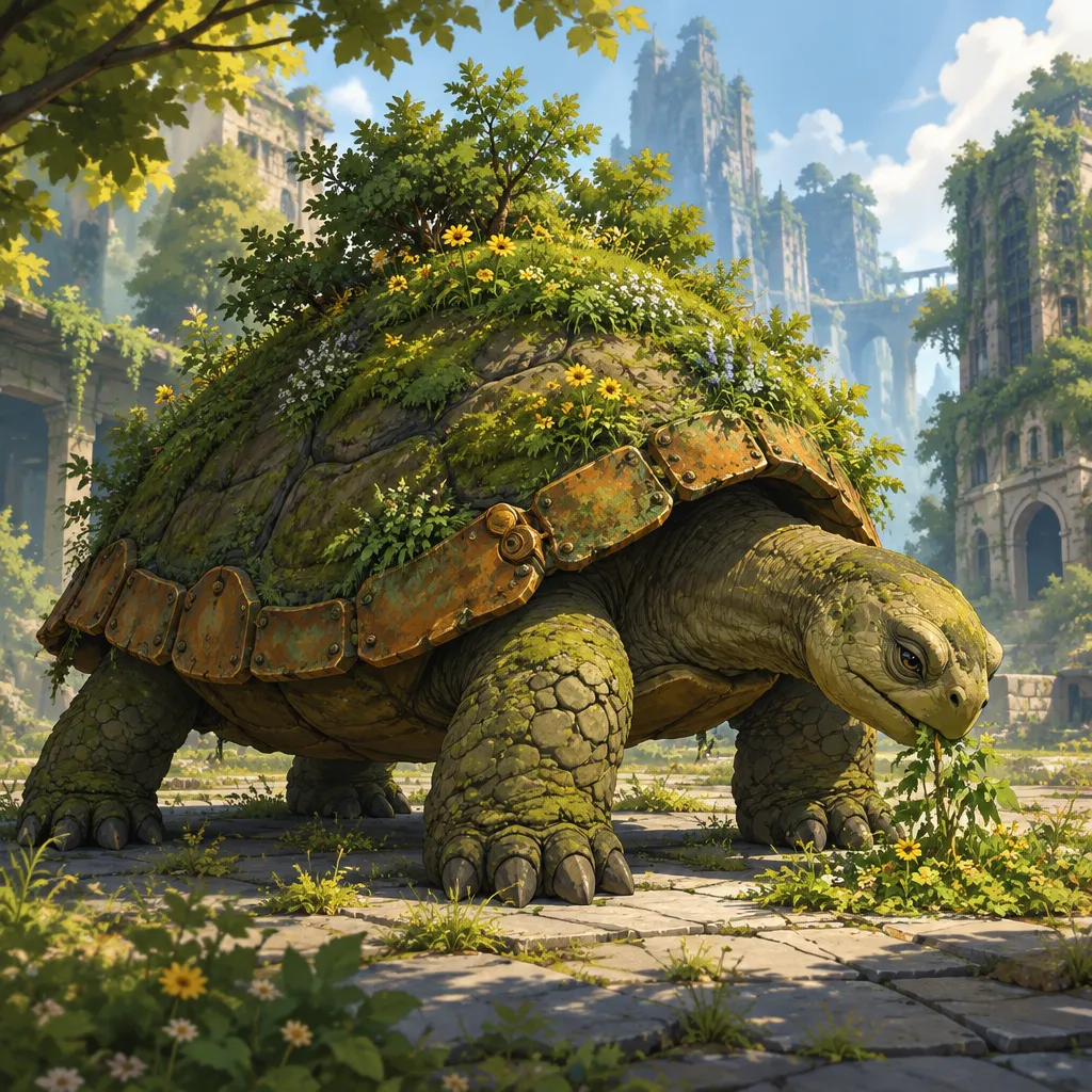 Brassback Tortoise, kura-kura raksasa dengan kebun lumut dan semak kecil di atas cangkangnya, merumput di plaza retak