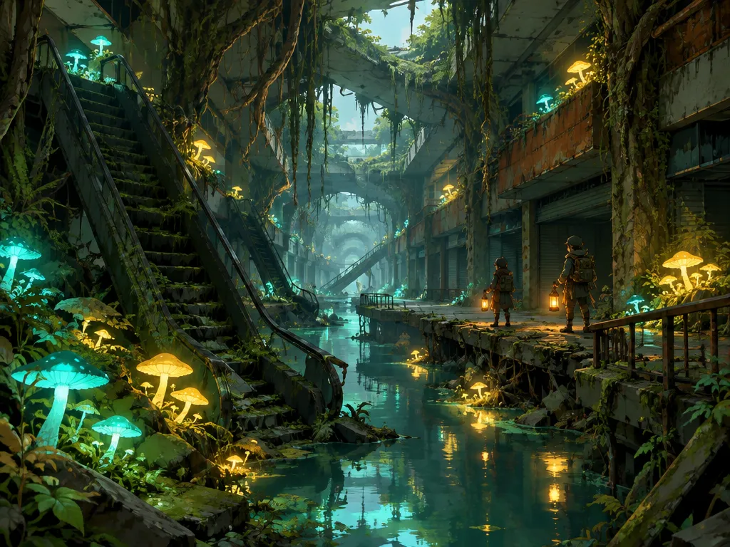 Sunken Arcade: lorong arkade bawah tanah dengan eskalator runtuh, jamur bercahaya hijau-biru dan kuning, dua ranger membawa lentera
