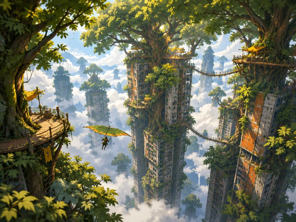 Canopy Spire: gedung pencakar yang disambung pohon raksasa dan jembatan tali di atas lautan awan, ranger meluncur dengan glider